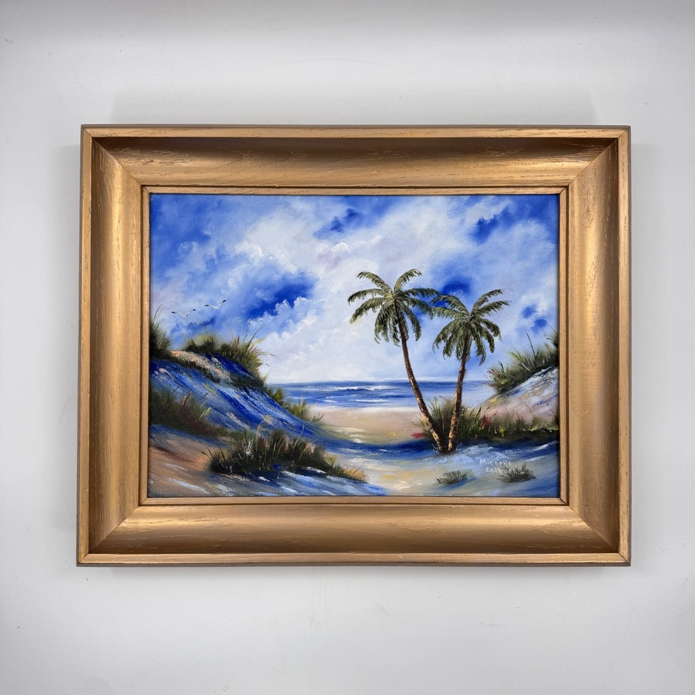 Original Coastal Palm Tree Beach Painting in Gold Frame 16x20